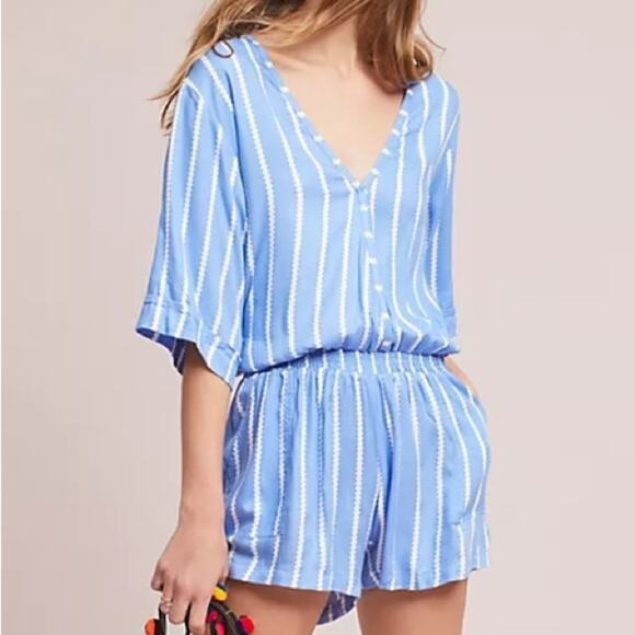 Anthropologie Beachgold Ancona Striped Surplice Romper Blue/White Size XS Beachy - Picture 3 of 16